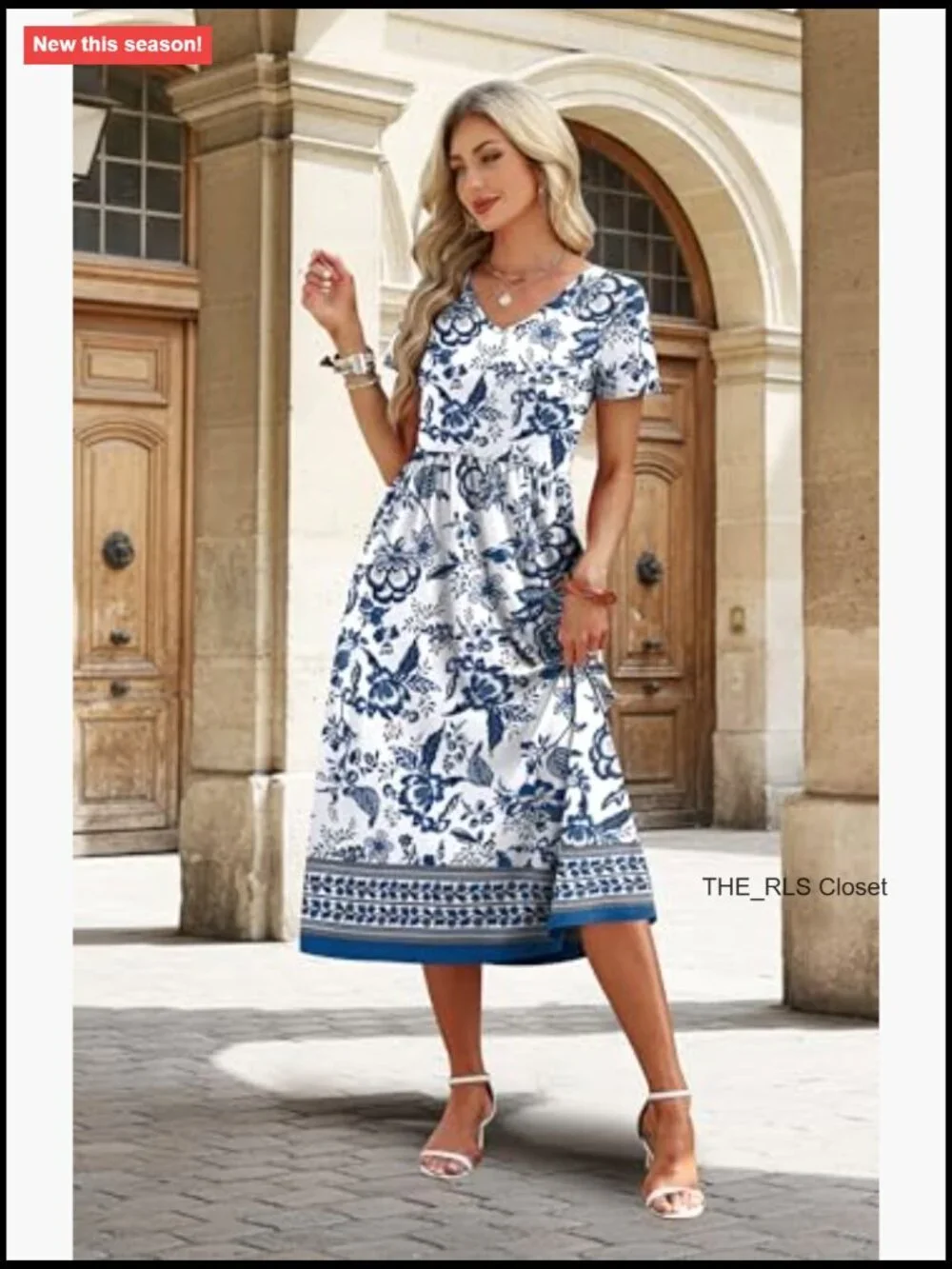 Flowy A-Line Midi Dress with Pockets, V-Neck, Short Sleeve